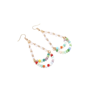 Bohemian beaded drop earrings with colorful crystals and faux pearls on gold hooks