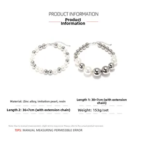Detail view of multi-layer faux pearl and silver bead necklace set with dimensions