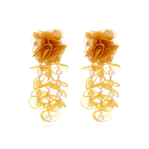 Fabric Flower Tassel Drop Earrings With Imitation Artificial Pearl Long Mesh Petal Handmade Bohemian Jewelry Women Elegant