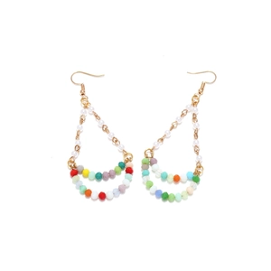 Detail of bohemian dangle earrings with colorful faceted beads and white pearls