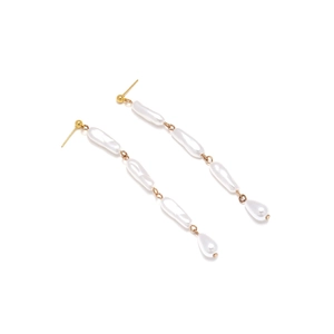 Elegant gold earrings featuring a long cascade of four unique baroque pearls on a white background
