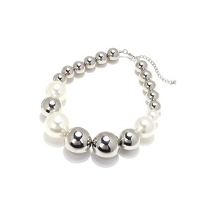 Layered faux pearl and silver metal bead necklace with lobster clasp and extension chain
