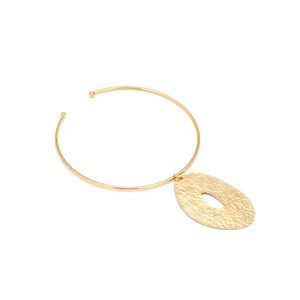 Modern gold alloy torque necklace with textured oval cutout pendant on white background