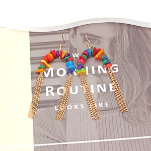 Bohemian handmade beaded earrings with colorful stones and gold metal chain tassels