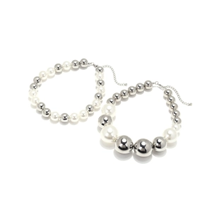 Layered faux pearl and silver bead choker necklace with adjustable lobster clasp