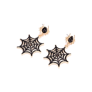 Gothic Halloween spider web drop earrings in gold alloy with black enamel design