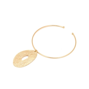Statement golden choker with large hammered metal oval pendant and bead ends