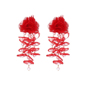 Handmade red fabric rose tassel earrings with imitation pearls and ruffled fabric petals