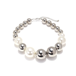 Multi-layered layered necklace with silver metallic beads and white faux pearls in retro style
