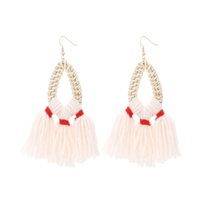 Ethnic handmade rattan drop earrings with white tassels and red thread accents