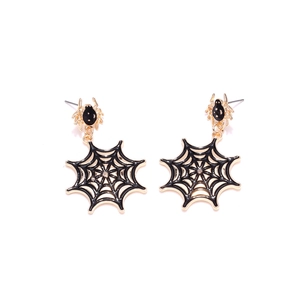 Gothic Halloween spider web drop earrings in gold plated alloy with black enamel finish