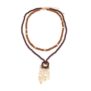 Zweilagige Holzperlenkette Unregelmäßiger Zinklegierungsanhänger Lava Textur Retro Böhmischer Urlaubs Schmuck Damen
