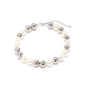 Multi-layered imitation pearl and silver metal bead necklace with adjustable lobster clasp