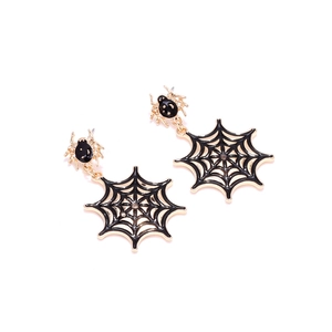 Detailed view of Halloween spider web earrings with gold metal frame and black enamel