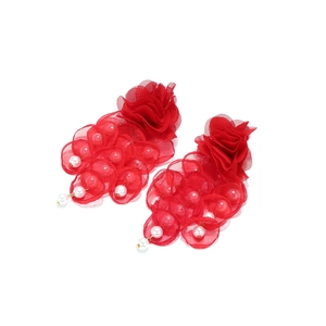 Detailed view of red organza flower petal earrings with hanging imitation pearls