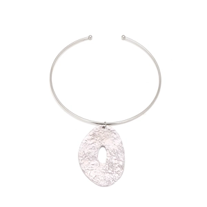 Modern silver choker necklace with a unique textured irregular oval hollow pendant