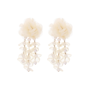 Handmade mesh flower petal tassel earrings with faux pearls and gold alloy components