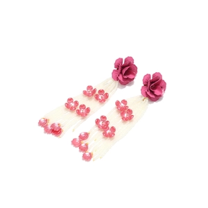 Vue détaillée des boucles d'oreilles fleuries à pampilles roses avec perles et résine