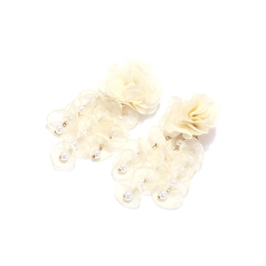 Detail of handmade cream white tulle petal earrings with elegant faux pearl accents