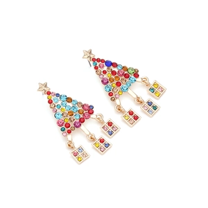Boucles d'oreilles sapin de Noël en strass colorés avec étoiles dorées et pendentifs