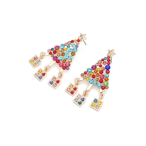 Boucles d'oreilles sapin de Noël avec strass colorés et breloques de boîtes cadeaux