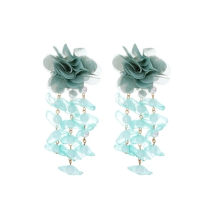 Handmade woven mesh petal tassel earrings with white pearls in light green floral design