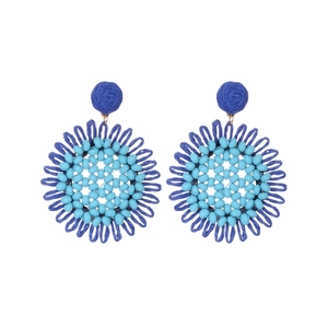 Handmade bohemian sunflower earrings with blue woven raffia and beaded floral texture