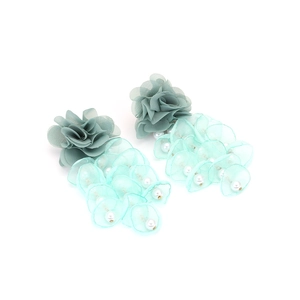 Detail of mint green mesh flower earrings with fabric petals and white small pearls