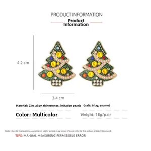 Detailed size specifications for Christmas tree earrings with colorful rhinestones