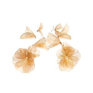 Exaggerated gold mesh flower earrings with layered petals and vacation style design