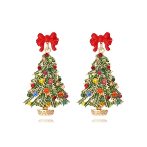 Boucles D'oreilles Arbre De Noël Avec Nœud Rouge Strass Multicolores Émail Alliage De Zinc Pour Femmes Bijoux De Fête