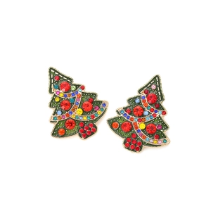 Festive Christmas tree drop earrings with colorful crystals and green enamel on gold alloy