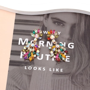 Bohemian style gold-tone earrings with vibrant colorful marquise-cut crystal rhinestones