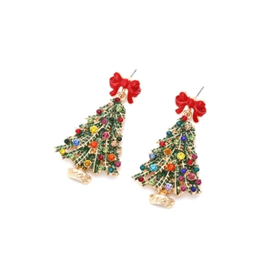 Détails des boucles d'oreilles sapin de Noël avec cristaux colorés et nœuds rouges