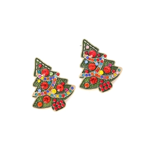Detail of green enamel Christmas tree earrings with colorful rhinestones and gold edges