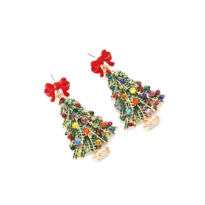 Boucles d'oreilles sapin de Noël avec nœud rouge et strass colorés sur alliage doré