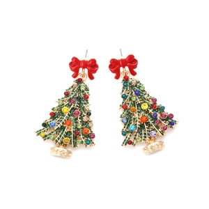 Boucles d'oreilles sapin de Noël avec nœud rouge et strass multicolores étincelants