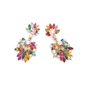 Detailed macro of crystal flower drop earrings featuring colorful marquise-cut rhinestones