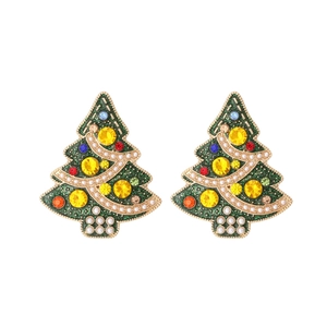 Colorful Christmas tree drop earrings with crystal rhinestones and faux pearls for women