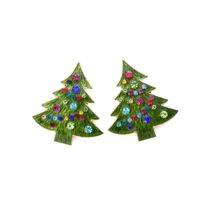 Boucles d'oreilles sapin de Noël en émail vert avec strass colorés et métal doré