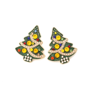 Golden Christmas tree earrings with green glitter, colorful rhinestones and white pearls