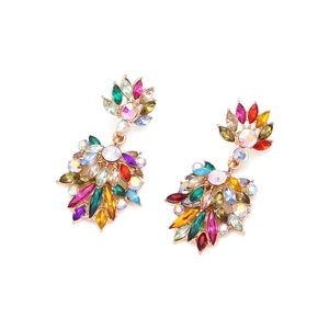 Chic gold-plated flower earrings with colorful crystals and rhinestones for women