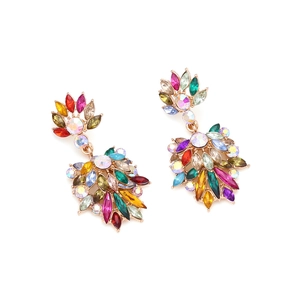 Macro shot of colorful crystal floral earrings with multi-colored marquise gemstones
