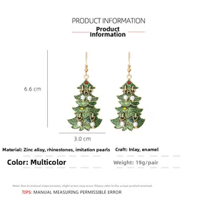 Detail of Christmas tree drop earrings with green glitter, colorful pearls and rhinestones
