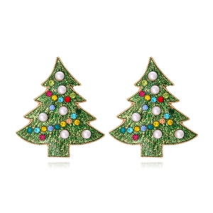 Boucles D'Oreilles Sapin De Noël Alliage Strass Colorés Fausses Künstliche Perles Émail Vert Paillettes Bijoux Festifs Pour Femmes