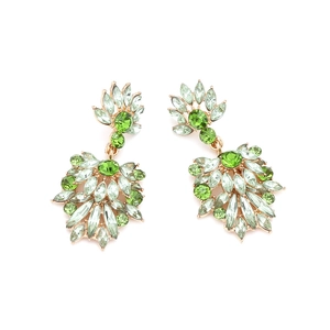 Detail of flower earrings with marquise green rhinestones in radiant leaf design