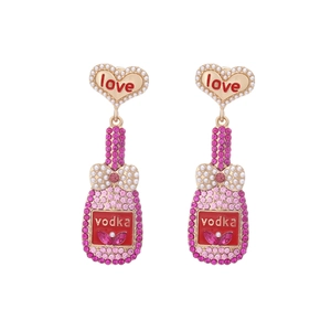 Boucles d'oreilles bouteille de champagne avec perles et strass roses sur base dorée