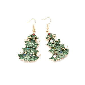 Christmas tree earrings with green glitter, faux pearls and colorful rhinestones on gold alloy