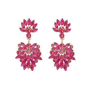 Elegant floral drop earrings with pink crystals and gold alloy finish on white background