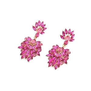 Detailed view of rose pink rhinestone floral drop earrings with marquise crystals
